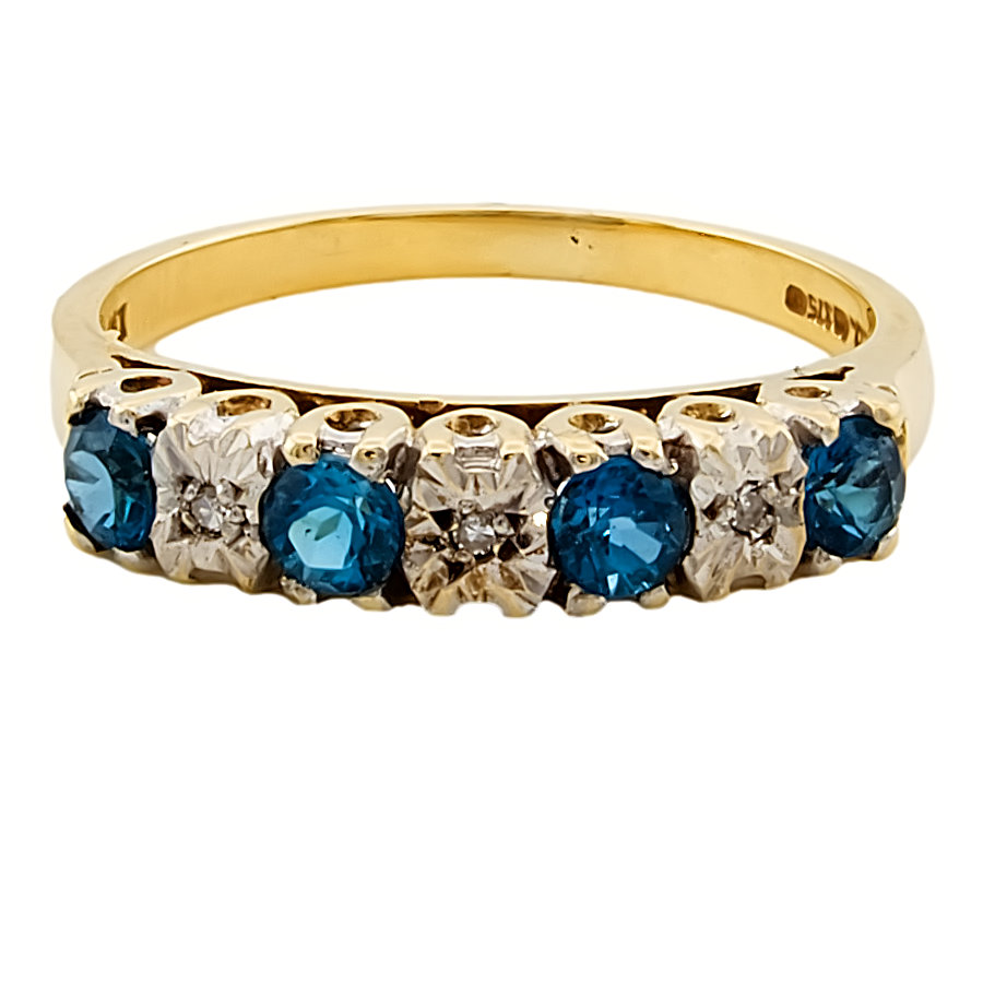 9ct gold Blue Topaz / Diamond 7 stone Ring size P